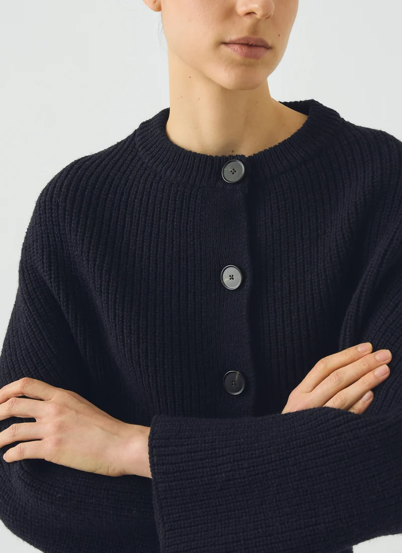 Ribbed Wool Rounded Cardigan, Dark Navy