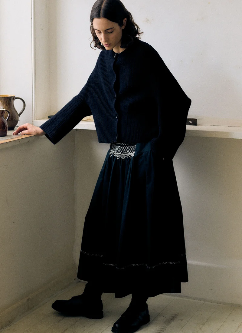Ribbed Wool Rounded Cardigan, Dark Navy