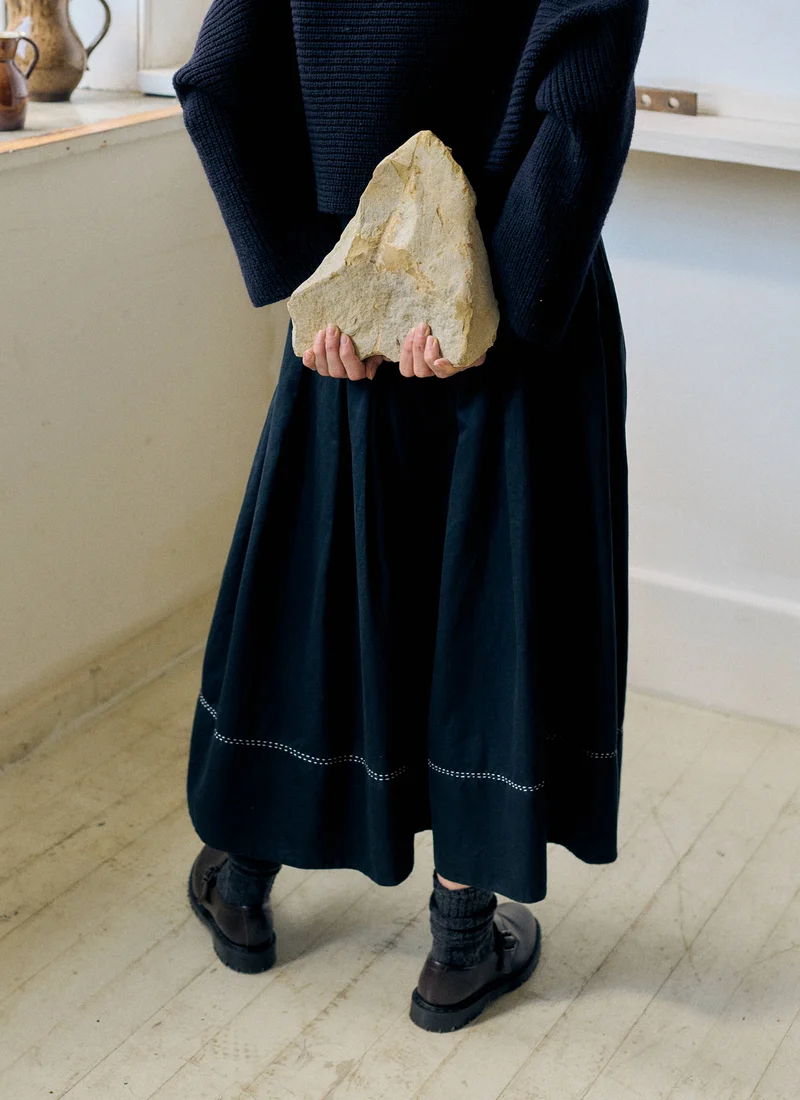 Cotton Satin Smocked Skirt, Midnight