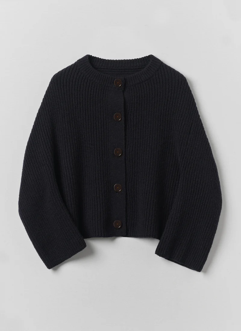 Ribbed Wool Rounded Cardigan, Dark Navy