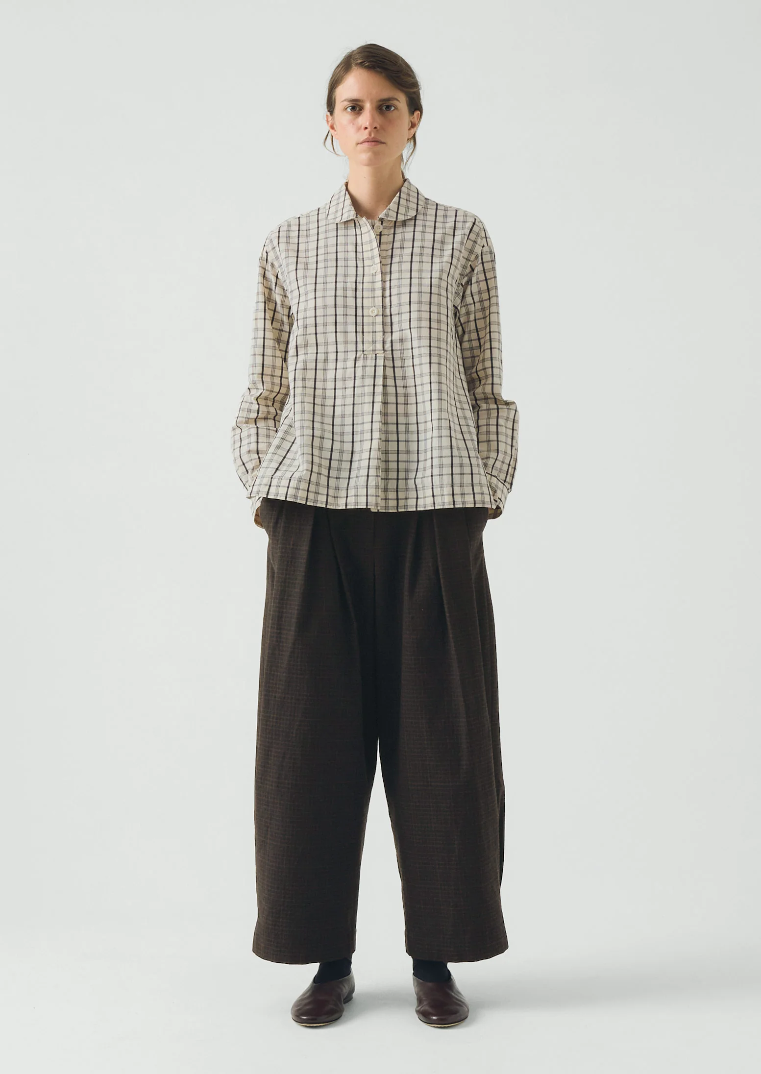 Half Placket Check Cotton Shirt - Ecru
