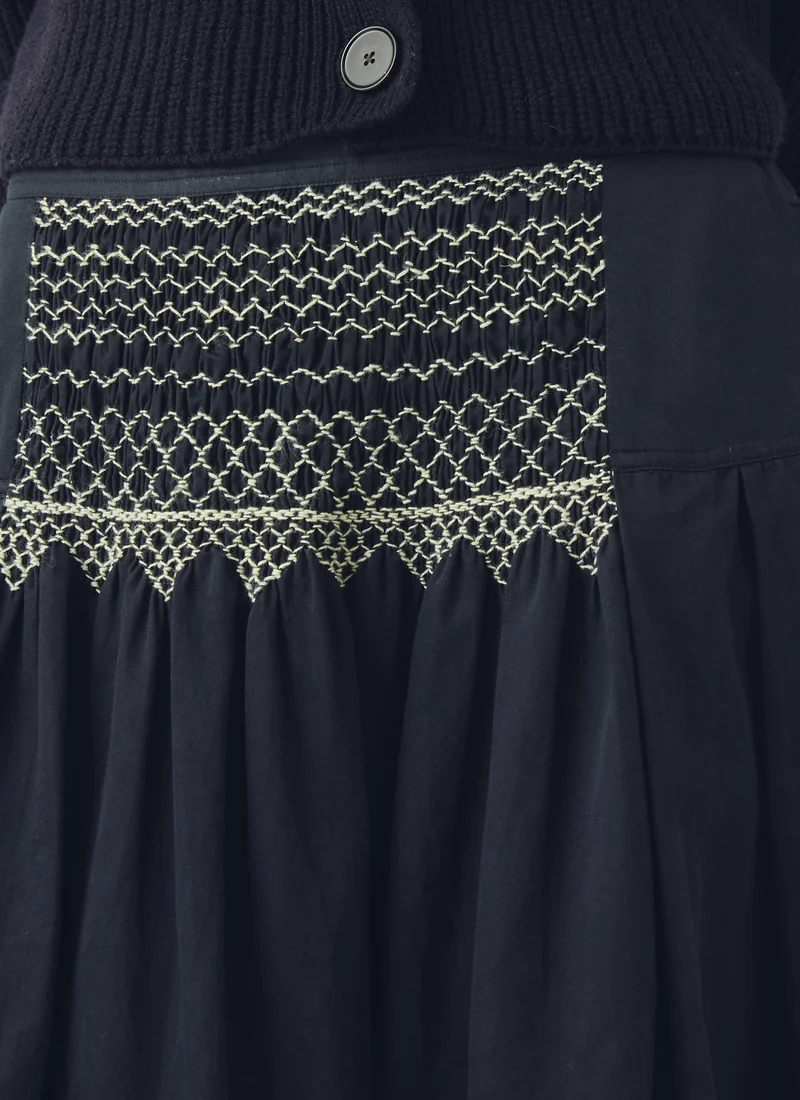 Cotton Satin Smocked Skirt, Midnight