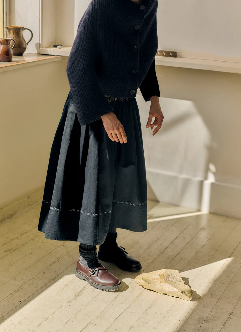 Cotton Satin Smocked Skirt, Midnight