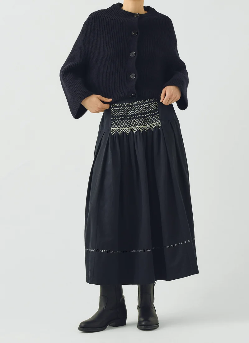 Cotton Satin Smocked Skirt, Midnight