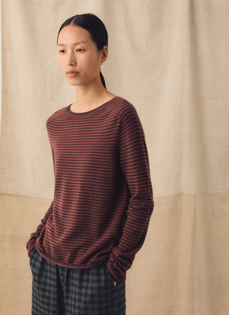 Stripe Wool Cashmere Neat Sweater, Burgundy
