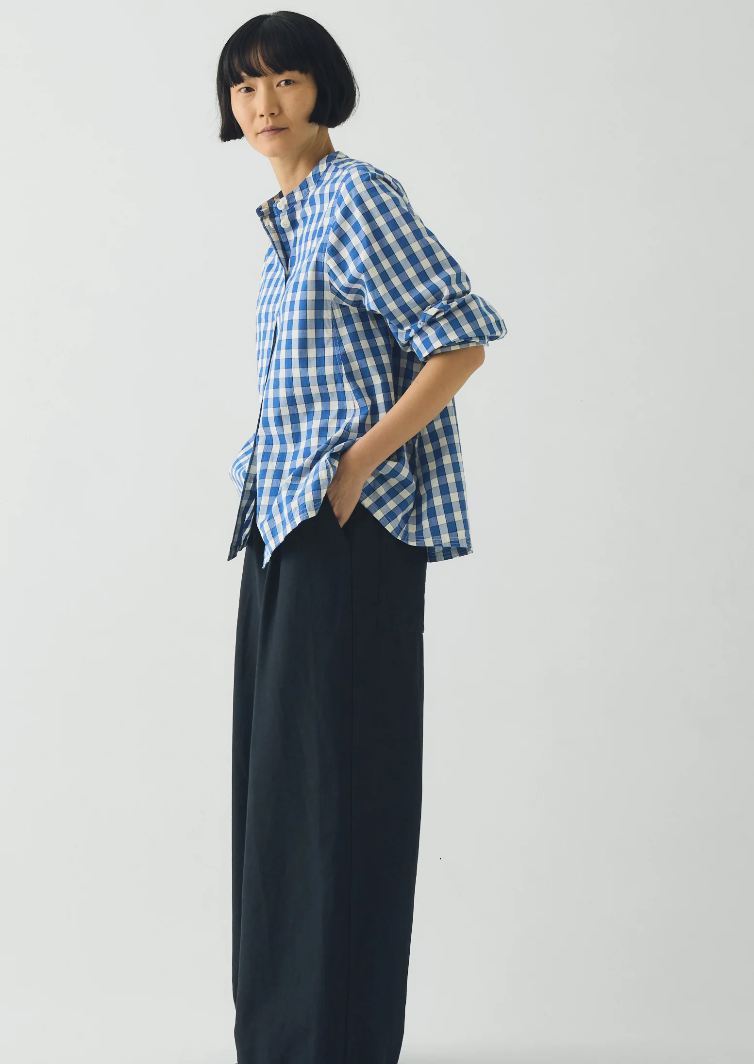 toast blue check shirt side
